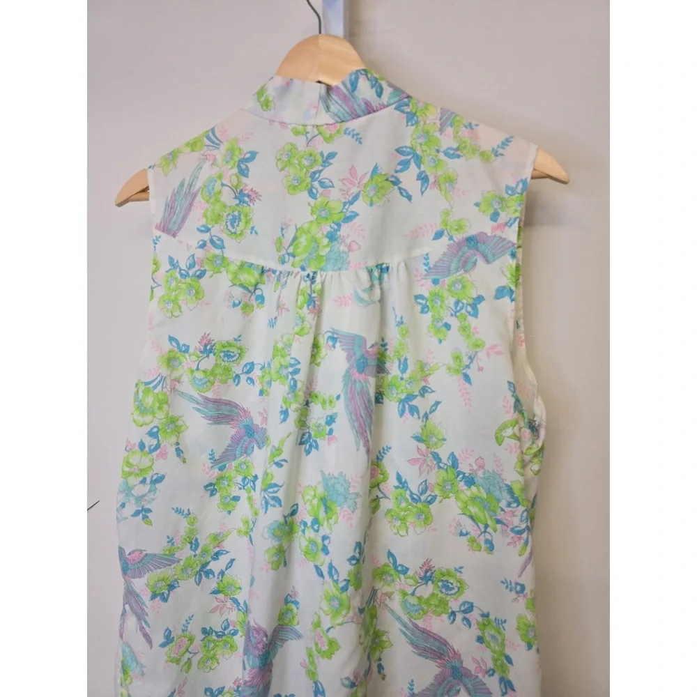 Vintage Sears Perma Prest Sleeveless Tie Neck Tunic Blouse Bird Floral Pastel XL